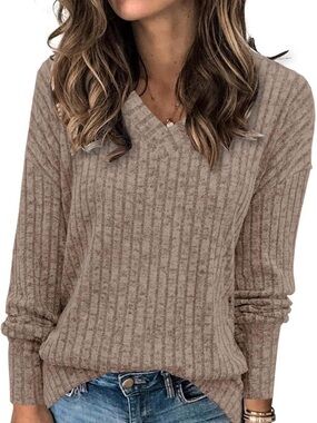 Women's Ultra Soft V-Neck Ribbed Sweater - Beige, Size Large